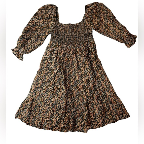Faithfull the Brand Black Floral Puff Sleeve Smocked Mini Dress Size Large - Picture 4 of 7